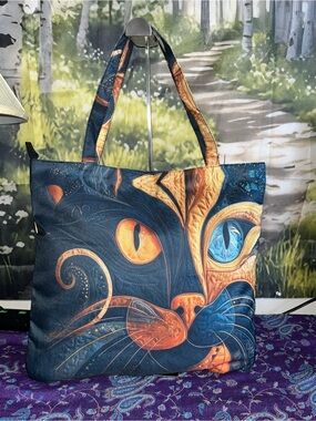 Artistic Cat Face Tote Bag in Blue & Orange